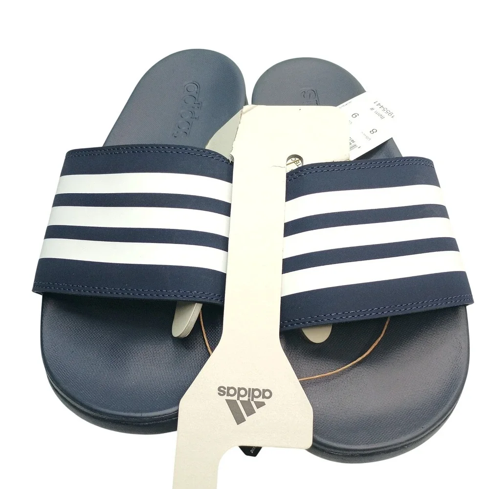 Adidas Adilette Comfort Slides Men Size 8 Navy Blue White Striped Sandals
